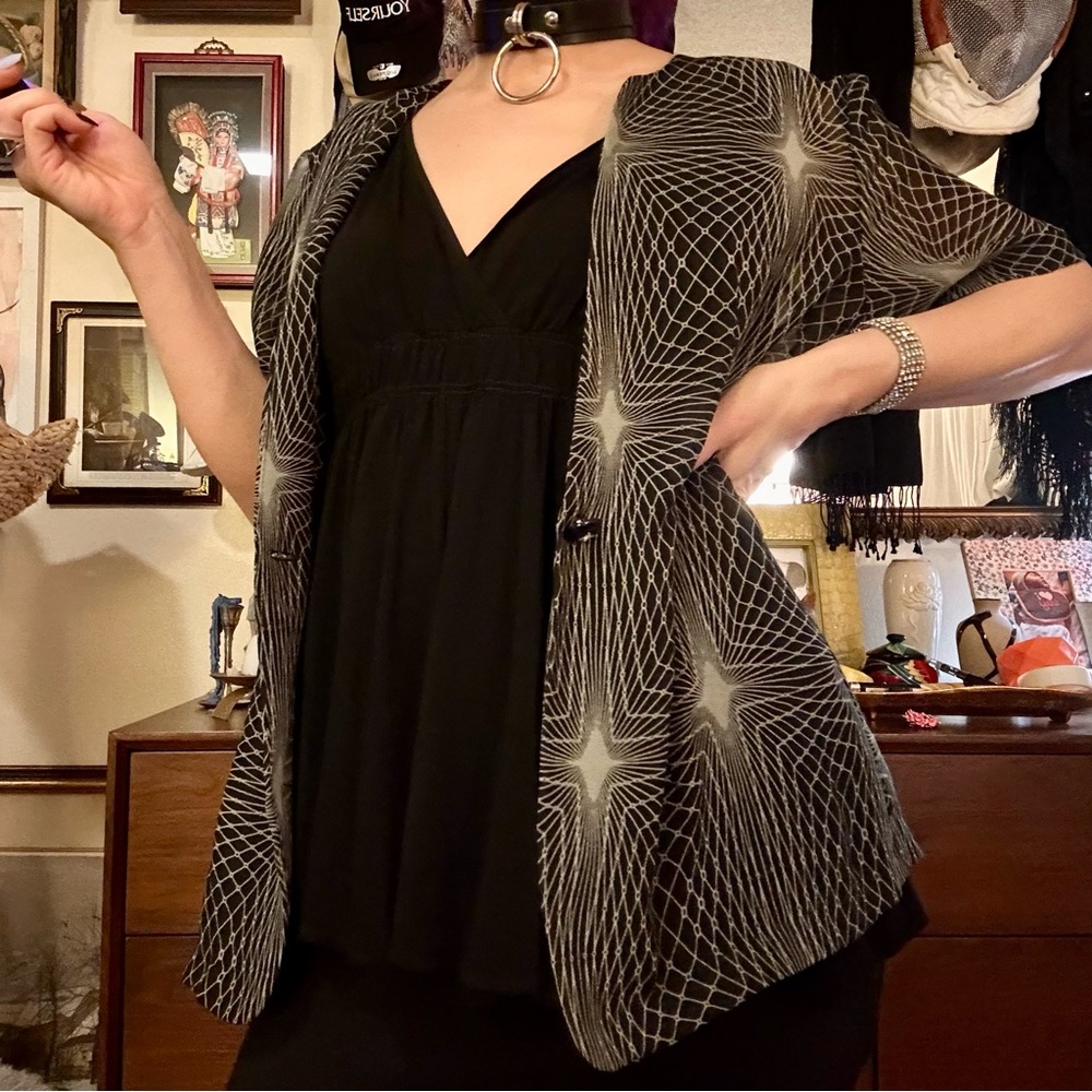 vintage 80s clara retro print sheer top / size medium